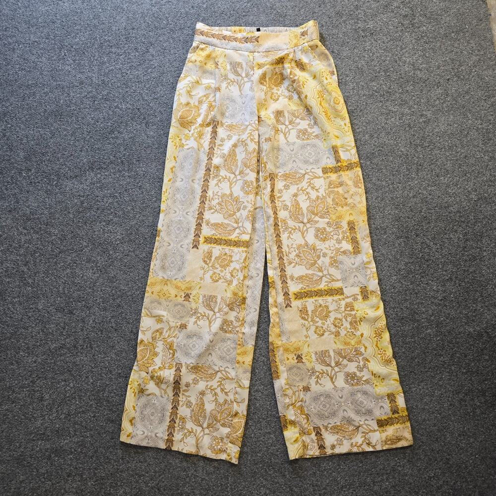 Drew Pants Women Size XS Beige Floral Satin Wide Leg Pockets Pleated Boho Casual